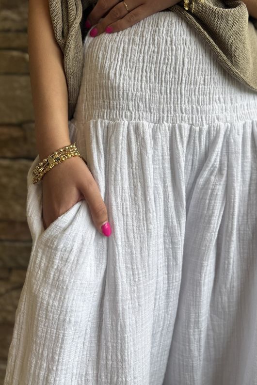 Annie Cushion Cotton Cuff Barrel Pant White